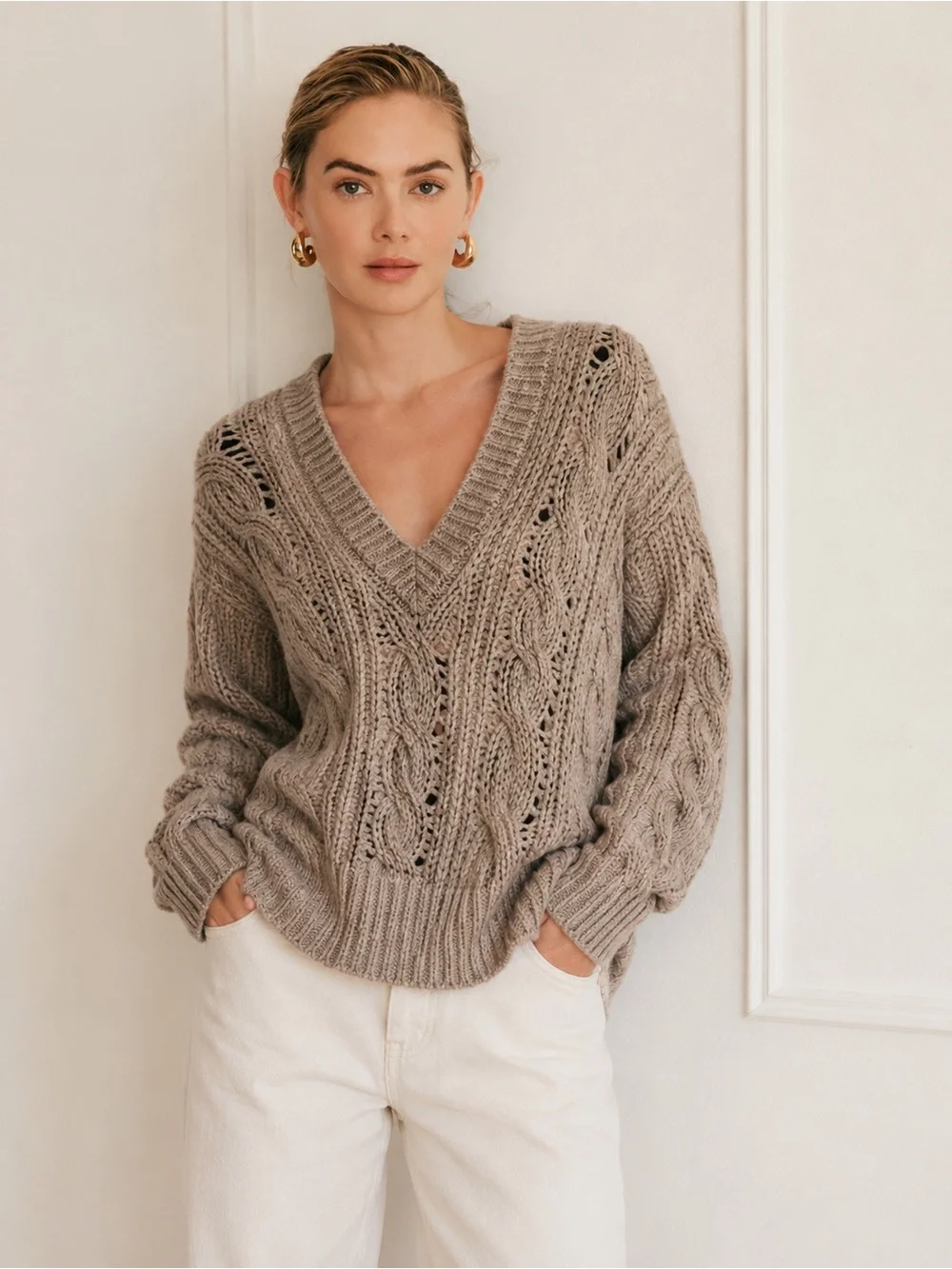IRO Byba Cable Knit Sweater M Taupe Alpaca Blend V Neck Open Knit